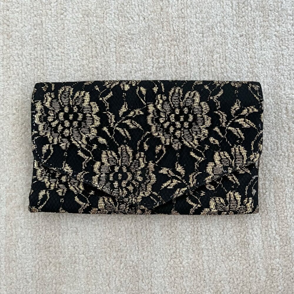 Vintage Nuline Black Gold Envelope Clutch Bag Purse